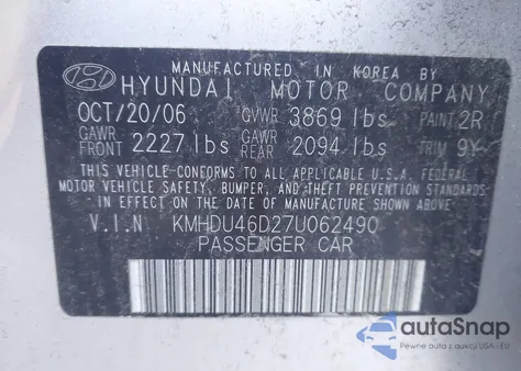 2007 Hyundai Elantra Gls/Limited/Se из США, поврежденный, VIN KMHDU46D27U062490